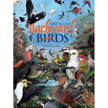 'Australian Backyard Birds' book featuring an illustration of many birds flying and crowding around a watering hold.