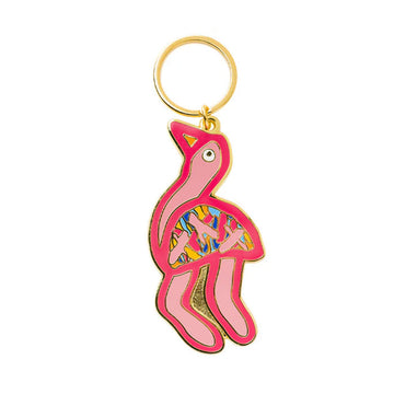 An enamel keyring shaped like an emu in pink.