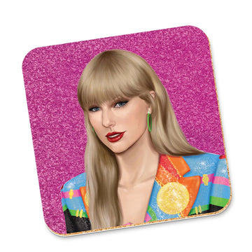 A cork coaster illustrated with a portrait of Taylor Swift.