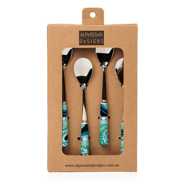 Set of four spoons with turquoise artwork handles in a cardboard packaging box, featuring the brand 'Alperstein Designs'.