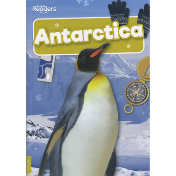 Book cover of 'Antarctica' featuring a penguin and Antarctic scenery.