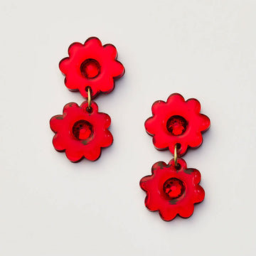 Red flower-shaped earrings on a light gray background.