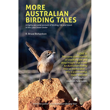 'More Australian Birding Tales' book cover featuring a close up photo of a bird standing on a rock.