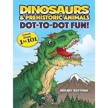 'Dinosaurs and Prehistoric Animals Dot to Dot Fun' book cover featuring an illustration of a green dinosaur with small numbers around the edge.