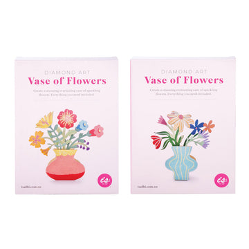 Two boxes titled 'Diamond Art Vase of Flowers' with a picture of each set consisting of flowers in a vase covered with diamantes. 