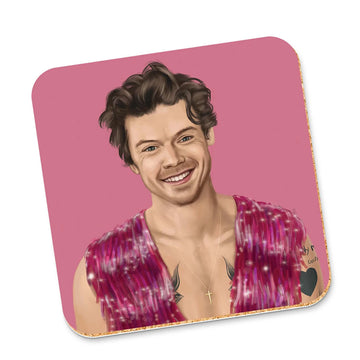A cork coaster illustrated with a portrait of Harry Styles.