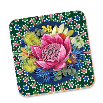 A cork coaster illustrated with a pink waratah flower surrounded by other flowers and a geometric border.