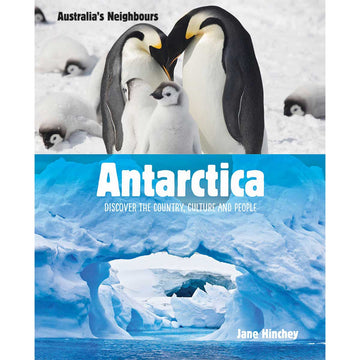 Book cover of 'Antarctica' with penguins and icebergs on a white background.
