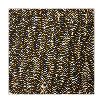 Square painting with black and white dots on a dark brown background.