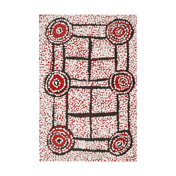 A rectangle Indigenous painting with six red circles and black lines connecting them plus white dots.