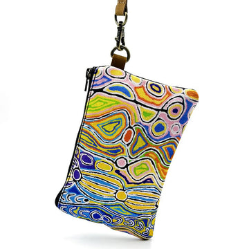 Colorful patterned pouch with a keychain on a white background