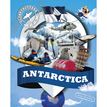 Book cover of 'Antarctica' featuring illustrations of penguins, a ship, and other Antarctic elements.