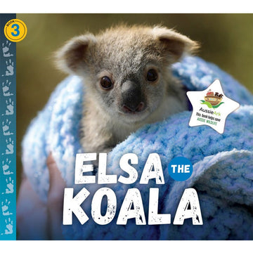 'Elsa the Koala' book cover featuring a photo of a baby koala wrapped up in a blue blanket.