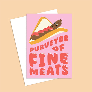 Card with hot dog graphic and text 'Purveyor of Fine Meats' on a pink background.