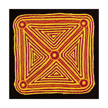 Square painting with red and yellow geometric Indigenous pattern on a black background.