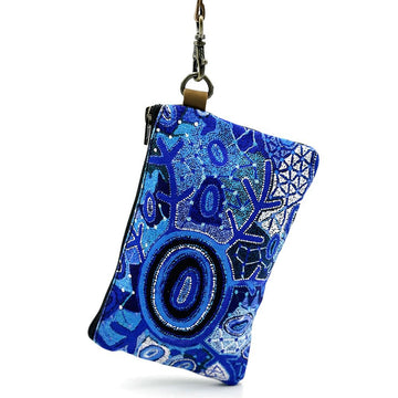 Blue patterned pouch with a keychain on a white background.