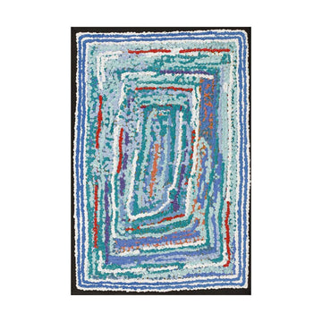 Multicolored abstract painting with blue and white rectangles on a white background.