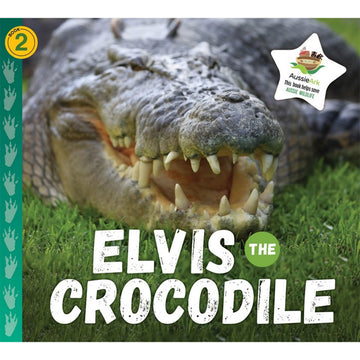 'Elvis the Crocodile' book cover featuring a close up photo of a crocodile, focusing on its mouth.