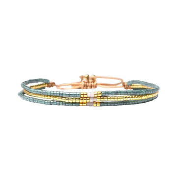 A beaded bracelet with three strands in green and gold.