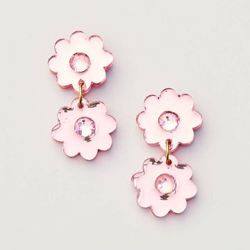 Pink flower-shaped earrings with a central gemstone on a light gray background.