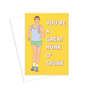 Card with an illustration of a person in a tank top and shorts on a yellow background with text.