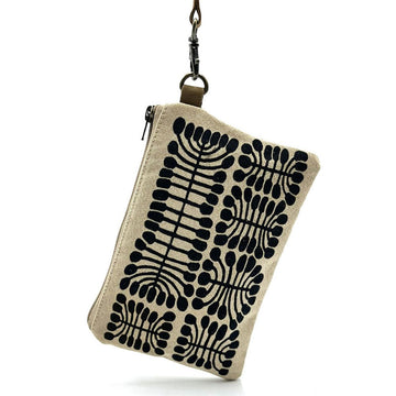 Beige pouch with black leaf pattern and zipper, hanging on a white background.