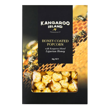 A box titled 'Kangaroo Island Honey Coated Popcorn' with a window showing the popcorn inside.