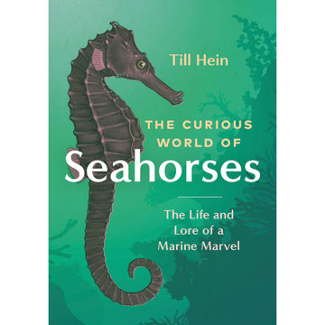 "The Curious World Of Seahorses" An image of a seahorse on a green ocean background.