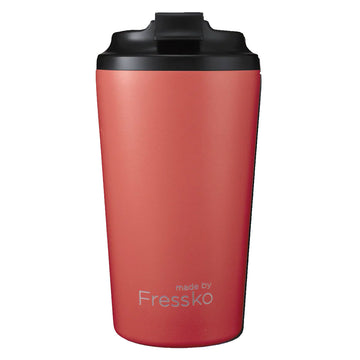 A reusable coffee cup in a watermelon colour with a black lid and the text 'Made by Fressko' along the bottom.