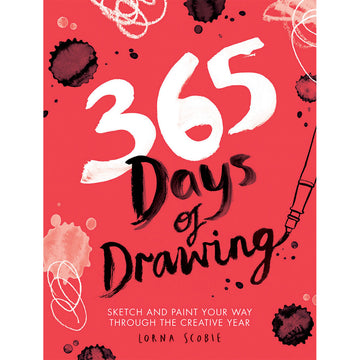 '365 Days of Drawing' book cover featuring a red background with the title written with a black paintbrush and black and white splotches around the edges.