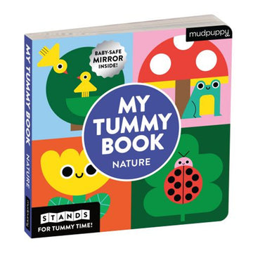 'My Tummy Book Nature' book cover featuring illustrations of birds, flowers, a frog, mushroom and ladybug.