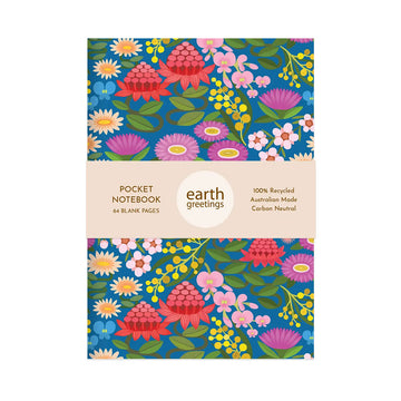 Floral notebook with 'earth greetings' branding on a white background.