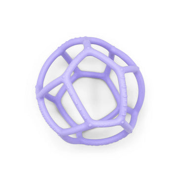 A ball shaped silicone toy with a web like design in light purple.