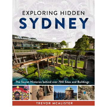 'Exploring Hidden Sydney' book cover featuring a large photo of a garden and building with four smaller photos of different places in Sydney.