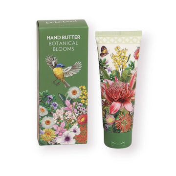 A tube of hand cream next to a matching packaging box illustrated with birds and flowers.
