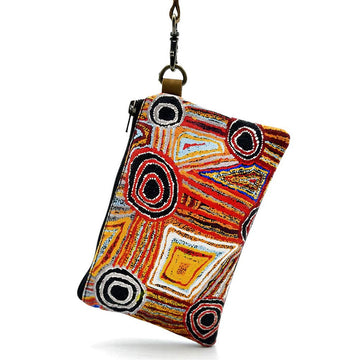 Colorful pouch with abstract design on a white background.