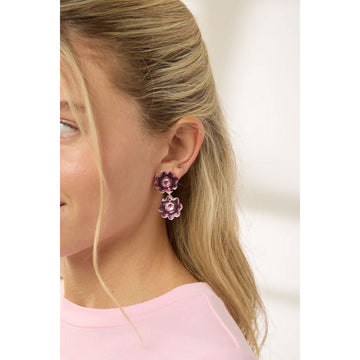 Pink flower-shaped earrings with a central gemstone on a light gray background.