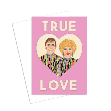Card with illustration of a couple and 'True Love' text on a pink background.