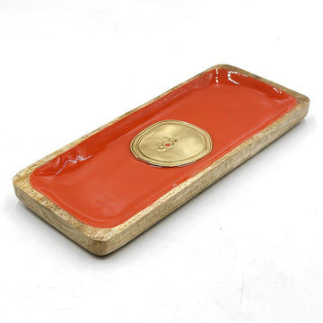 Rectangular wooden tray with orange inner and gold emblem on a white background.