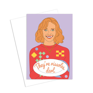 Card with illustration of a person wearing a red sweater with text, on a purple background.