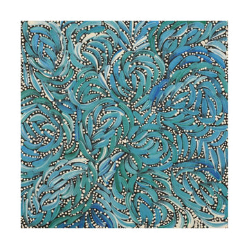 Patterned painting with blue and green design on a white background