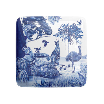 A square magnet illustrated with Australian animals in nature in blue and white.