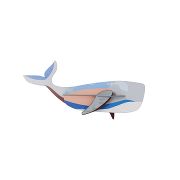 Coloured cardboard model of a whale on a white background.