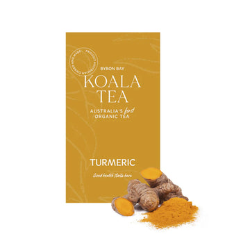 A yellow orange box titled 'Koala Tea Australia's First Organic Tea Turmeric' with turmeric next to the box.
