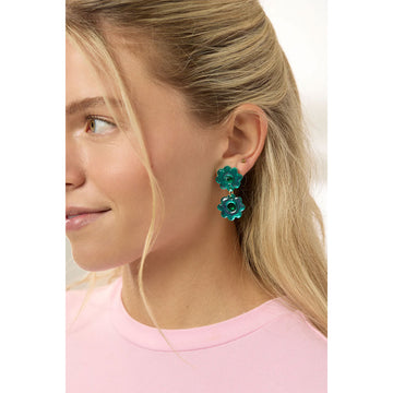 A pair of flower shaped earrings in green.