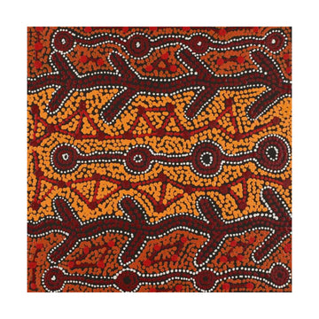Traditional Aboriginal art pattern with red and orange colors on a white background.