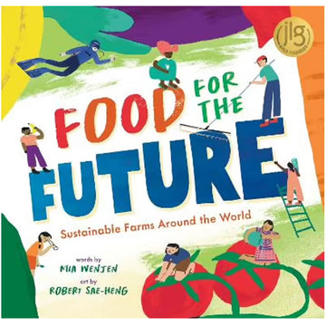 'Food for the Future' book cover featuring illustrations of people on a colourful background.