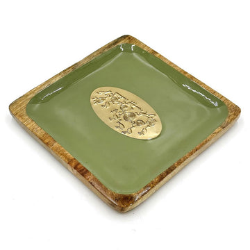 A wooden tray with a green inner and gold decorative plaque on a white background.