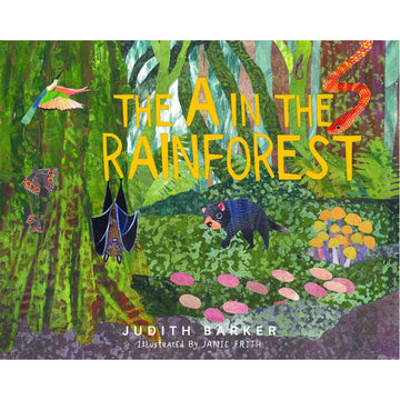 'The A in the Rainforest' book cover featuring illustrations of different animals including a bat and snake in a rainforest.