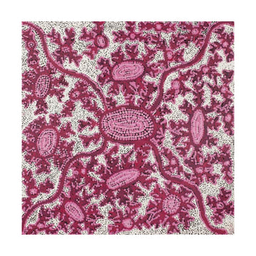 A square painting with a circular design in pink and white.